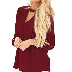 Women's Cut Out V Neck  3/4 Sleeve Red Blouse New